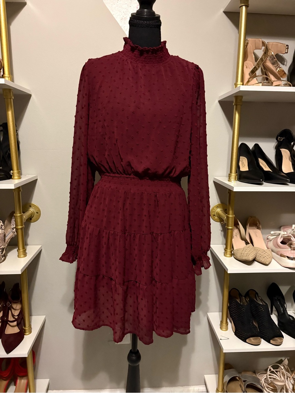 Sweet Wanderer Burgundy Long-Sleeve Tiered Ruffle Dress